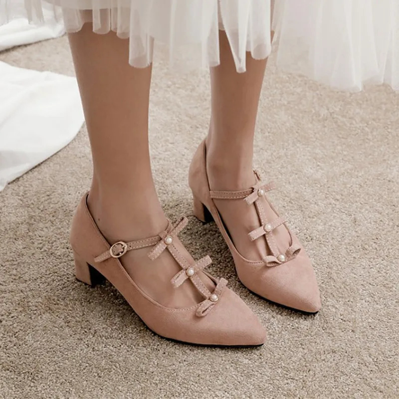 Туфли лодочки женские на высоком квадратном каблуке с жемчугом бантом Т образным