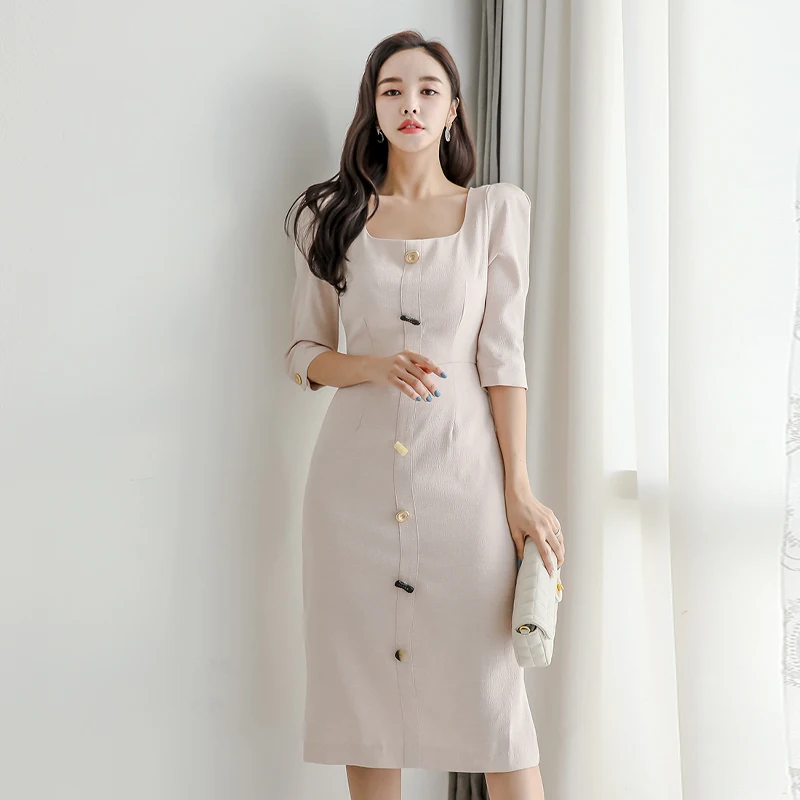 

Autumn Women Dress Package Hip Half Sleeve Square Collar Single-breasted Elegant Slim OL Vestidos Office Wear JK437
