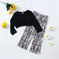spring fall fashion kids clothes girls clothing sets 2 pcs sets solid long sleeve v neck topsleopard print pants cotton 1 6y