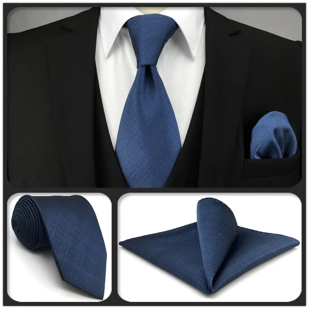 

D20 Navy Solid Mens Necktie Set Silk Dress Classic Hanky Ties for Male Wedding Fashion Extra Long Size 63" 160cm