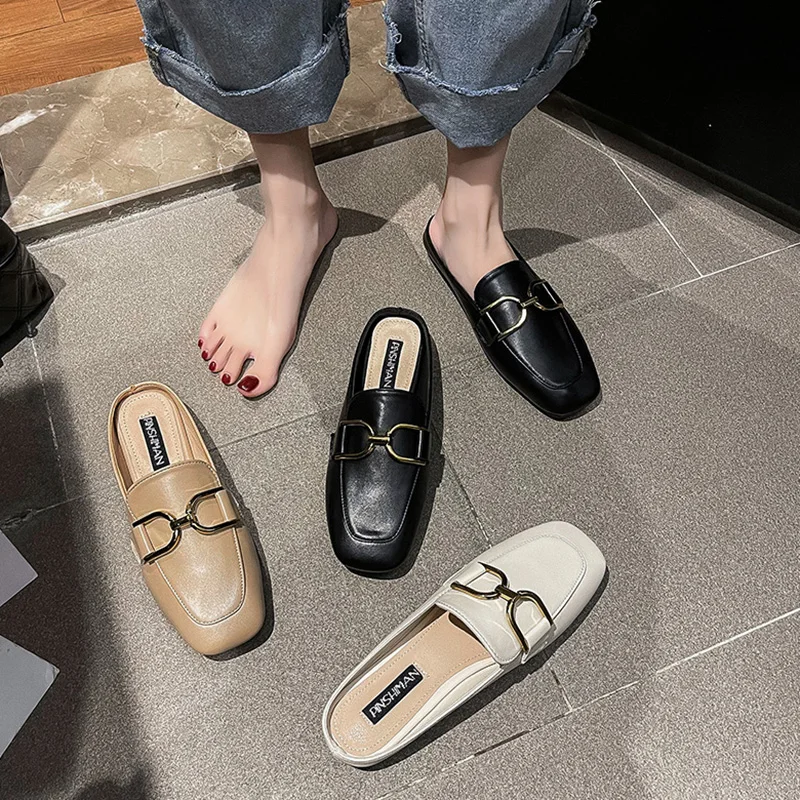 

Female Shoes Square Toe Rivet Mules For Women 2021 Loafers Ladies' Slippers Low New Cover Flat PU Slides Metal Decoration