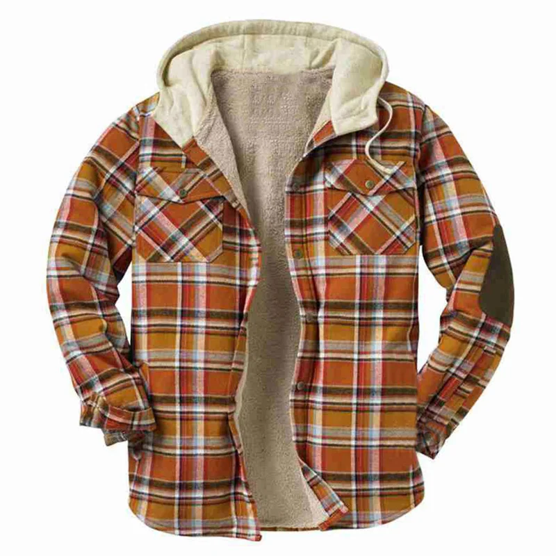 

Men's autumn and winter Plaid Hooded Shirt Long Sleeve loose patch bag thickened jacket sy0093