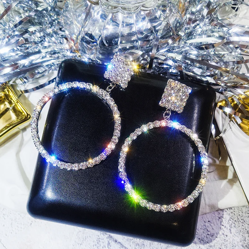 

Rhinestone Big Circle Dangle Earrings Female Flash Dimond Ear Pendant Earring for Women Wedding Jewelry Gifts