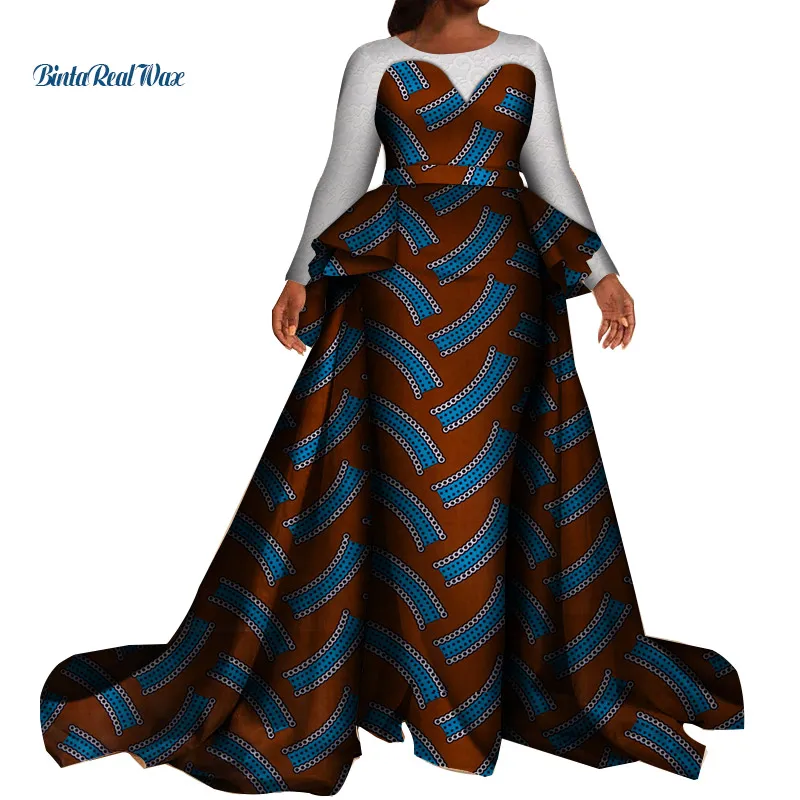African Dresses for Women Bazin Riche Print Evening Long dashiki Clothing Lace Sleeve Swallowtail WY4020 | Тематическая одежда и