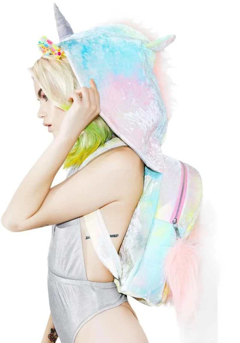 baby softy girl's tie-dyed colorful unicorn hooded backpack removable hat cool street style funny coat velour school bag