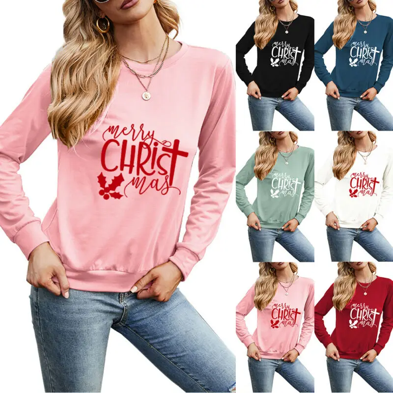 

Рождественский фестиваль Футболка Горячие Топы для женщин с буквенным принтом длинный рукав Футболка Пуловер Толстовка 2021 зимняя празднич...