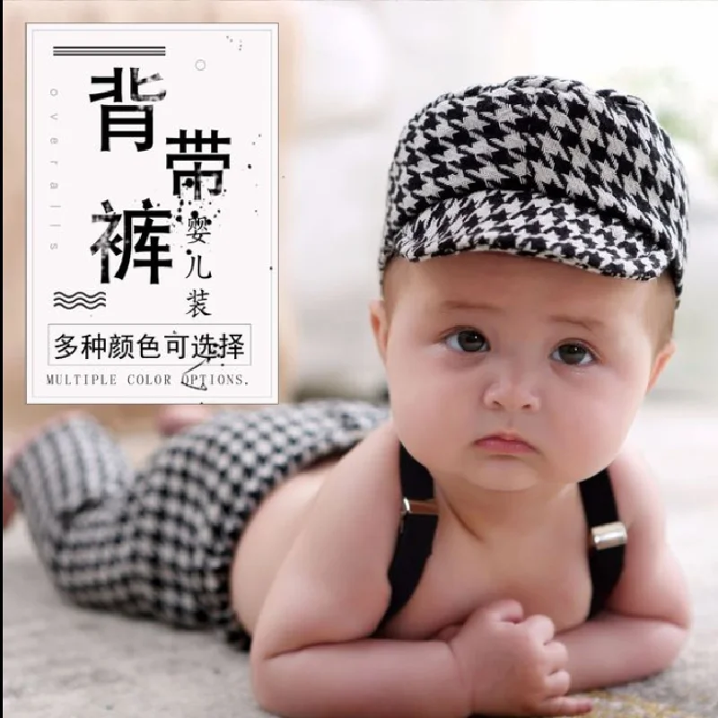 

Baby Boys Little Gentleman Plaid Clothing Long Pants And Hat Set For Newborn Photography Props Photo Studio Costume Twin Outfit