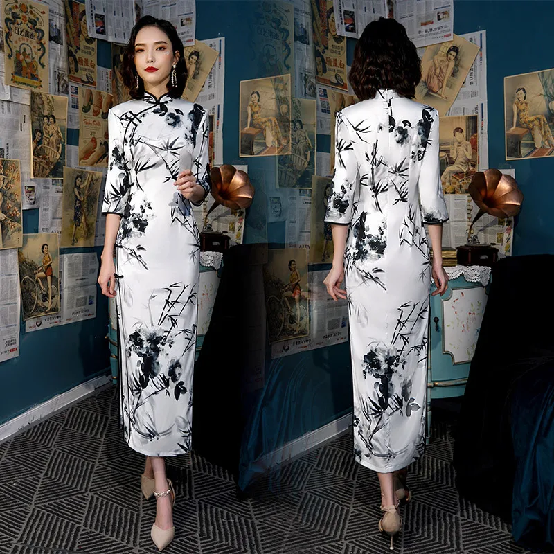 Новое поступление, традиционное женское платье, плюс размер, 4XL, Qipao, Дамское, вискозное, сексуальное, длинное, с принтом, Cheongsam, ручная работа, на пуговицах, винтажное, китайское платье - Цвет: M