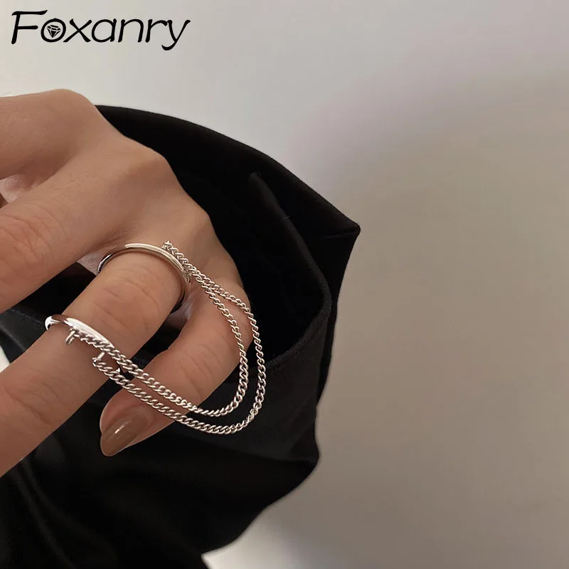 

FOXANRY Silver Color Double Layer Rings for Women Couple Accessories New Trend Hip Hop Vintage Tassel Chain Party Jewelry