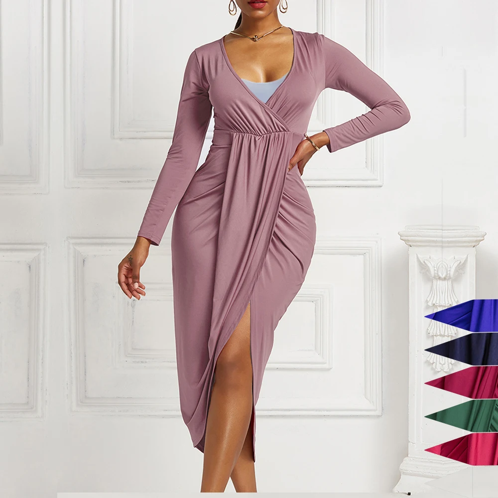 

MISSJOY Sexy V Neck Ruch Bodycon Irregular Dress Women Solid Long Sleeve Elastic Waist Club Party Dresses Vestido Griego Elegant
