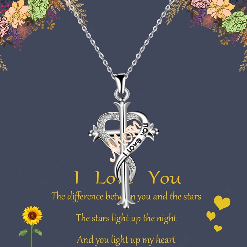 

Cross Necklace-Heart Shaped Cross Mother Necklace Crystal Infinite I Love You Pendant Necklace Ladies Mother's Day Birthday New