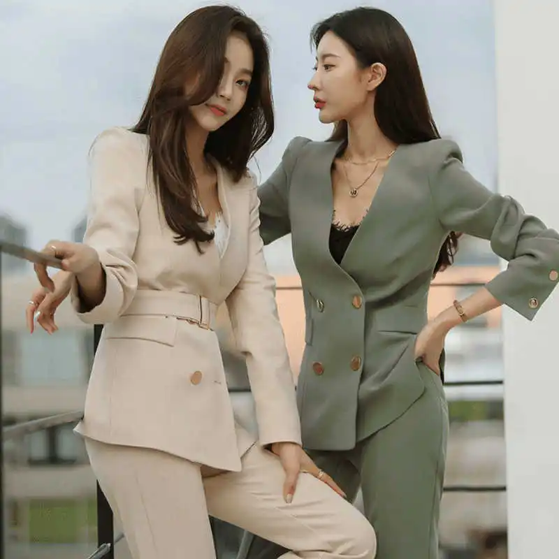 

Spring And Autumn Women's Office Suit V-Neck Green Two-Piece Sets Female Blazer Girly Elegant Temperament Pantsuit Setup Ladies