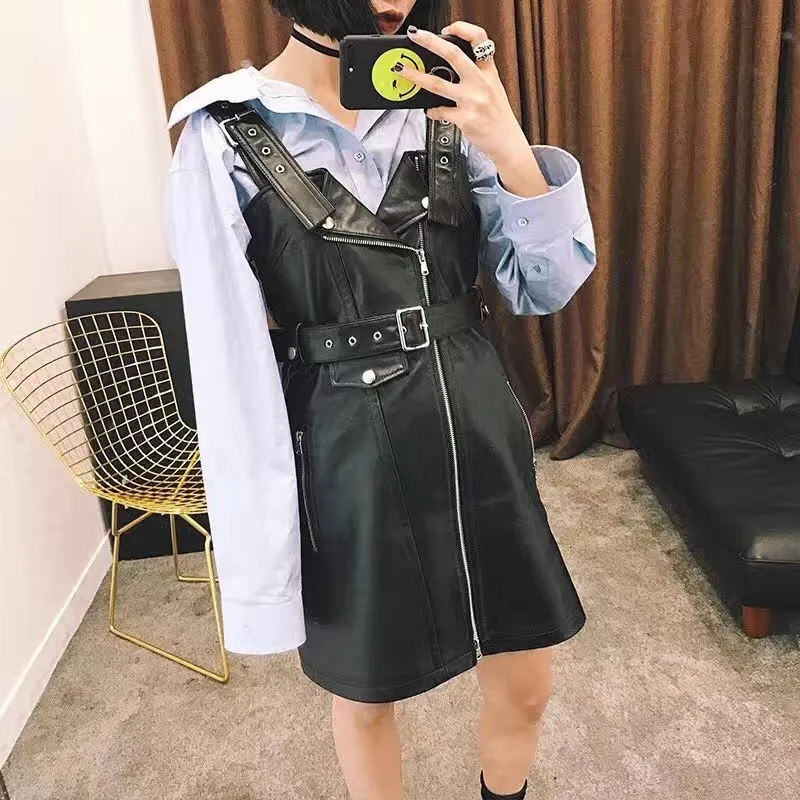

lady genuine real women lambskin leather overall dress