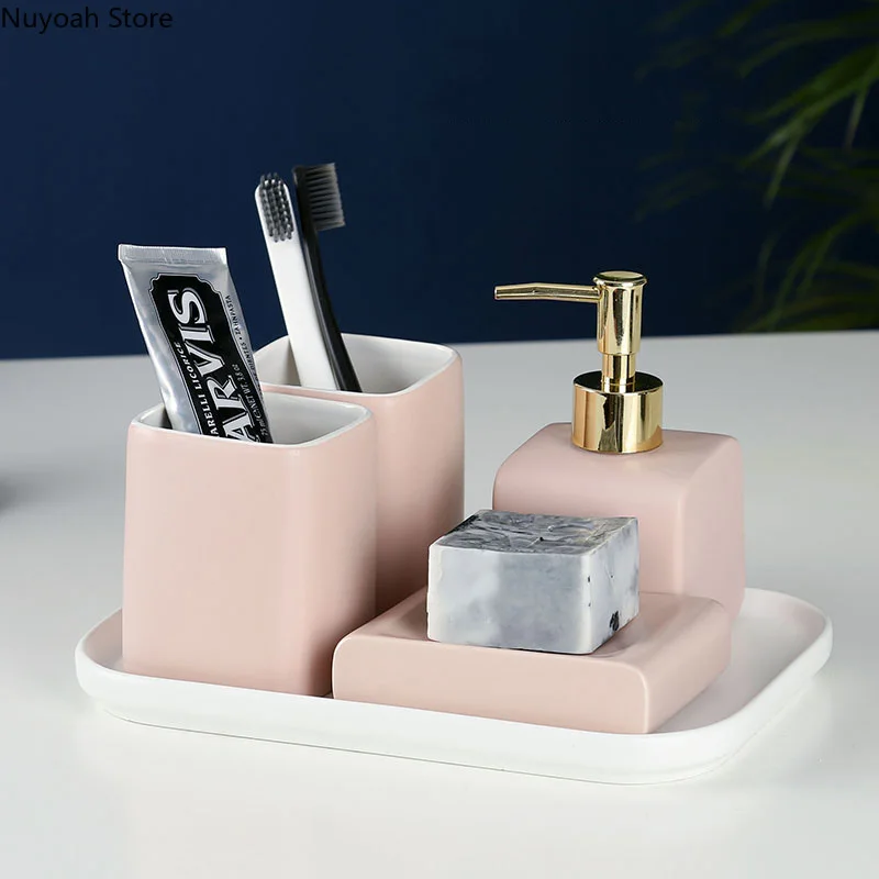 

Pink Square Bathroom Accessories Bathroom Decoration Accessories Lotion Bottle Mouthwash Cup Toothbrush Holder Bathroom Kit
