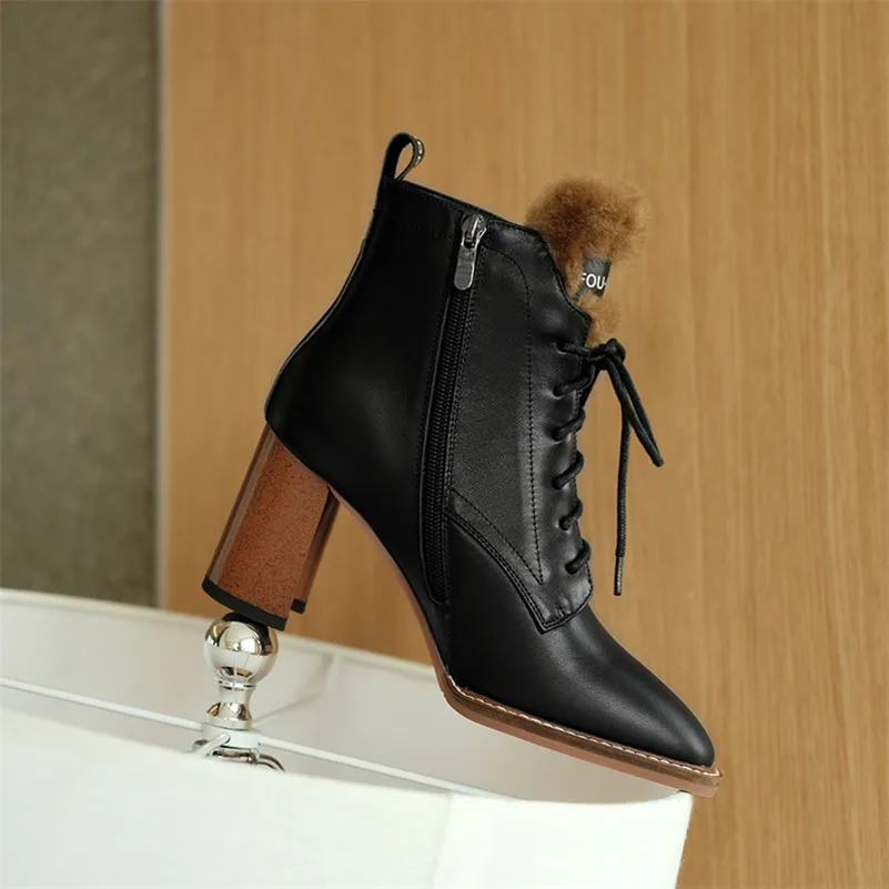 

ANNYMOLI Real Leather High Heel Ankle Boots Women Square Toe Thick Heels Shoes Cross Tied Zip Short Female Boots Autumn Black 42