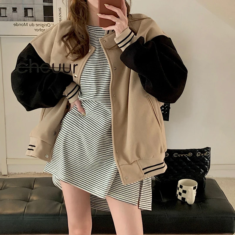 

2021 Vintage Coffee Autumn Women's Baseball Jackets Color Block Oversized Bomber Jacket Women Preppy Stand Collar Female Coat