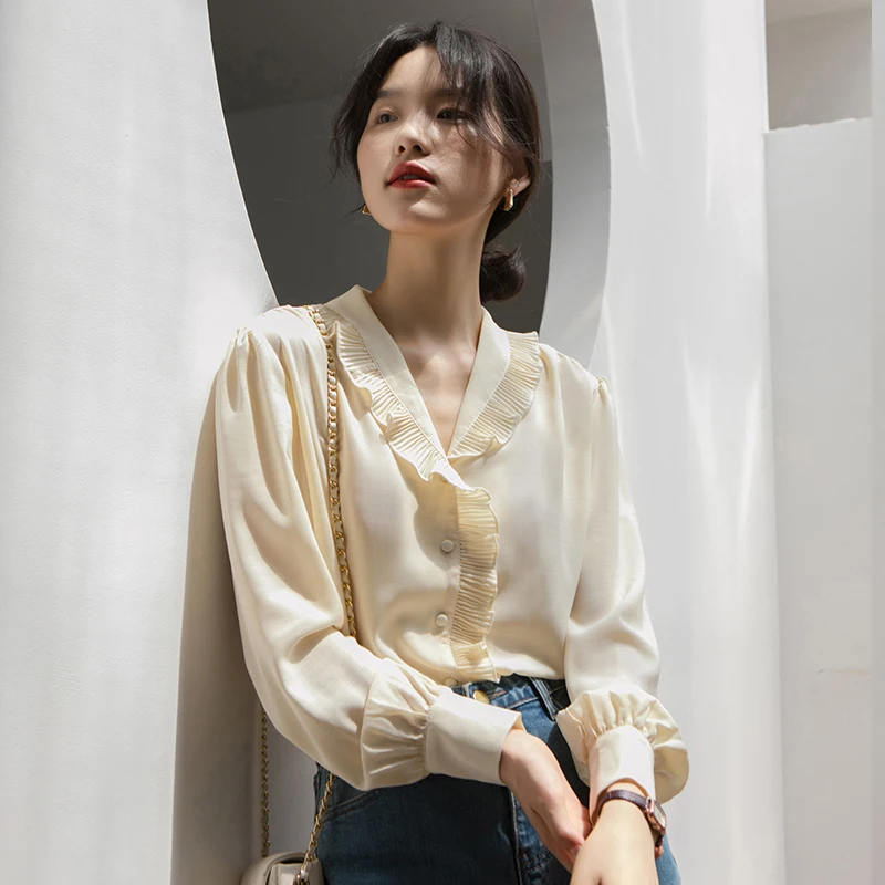 

Ruffle Chiffon Shirt Women Spring Turndown Collar Temperament Long Sleeve Shirt High Quality Camisa Mujer Women Clothes DE50CS