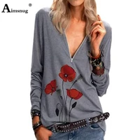 plus size 3xl elegant flower print t shirt fashion zipper womens top long sleeve spring autumn casual tees femme clothing 2021