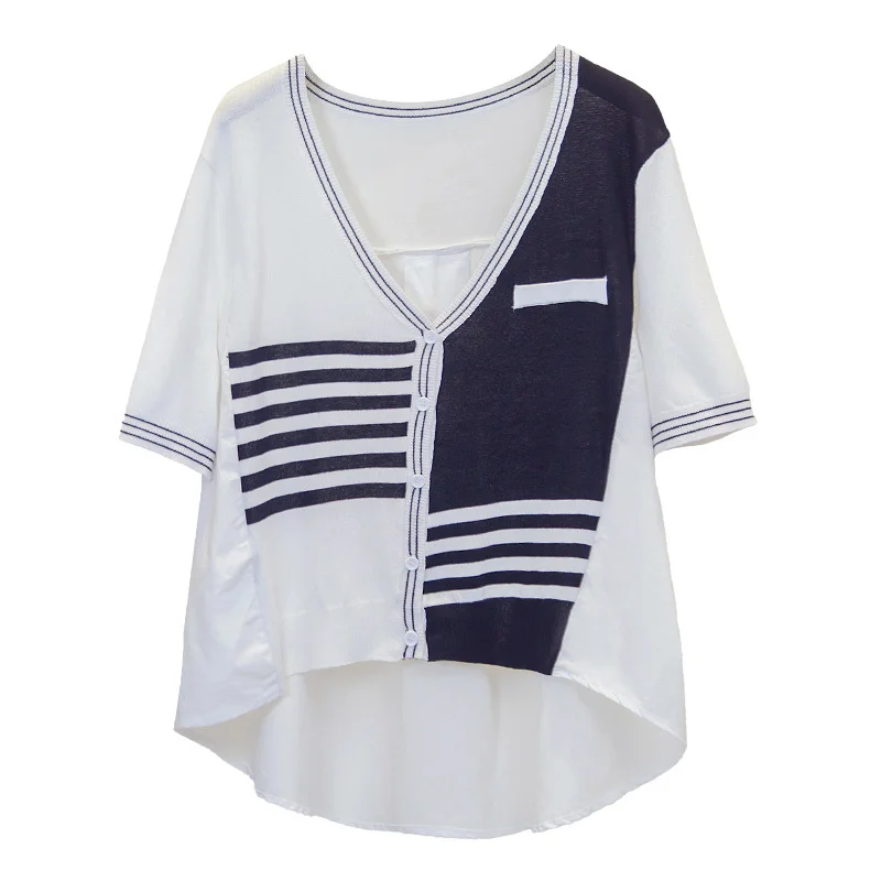 

Nkandby Plus Size Women`s Tops 2021 Summer Short Sleeve V-neck Loose Large T Shirt Knitted Patchwork T-shirt Oversize Clothing