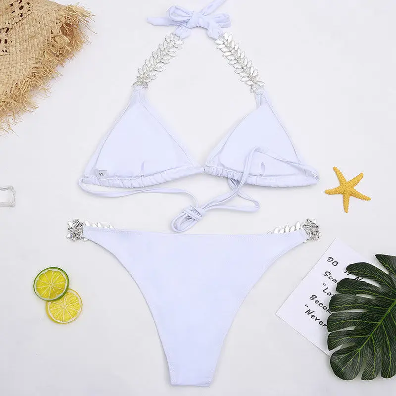 

Summer Fashion Women Sexy Rhinestone Lace Up Triangle Halter White Bikini Sets Swimsuits Beachwear Bathing Suits