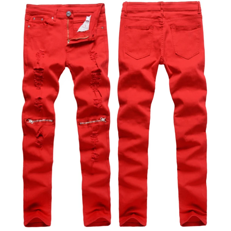 

New 2022 Men Ripped Knee Zippers Cut Casual Pants Slim Fit Stretch Pencil Pants red white Nightclub Designer Cowboy Denim Jeans
