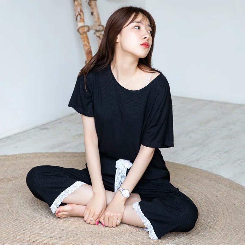 

Newest Summer Pajamas for Women Short-sleeve Solid Color Cotton Homewear Women's Fashion Style Casual Pink Thread Pizama Suit