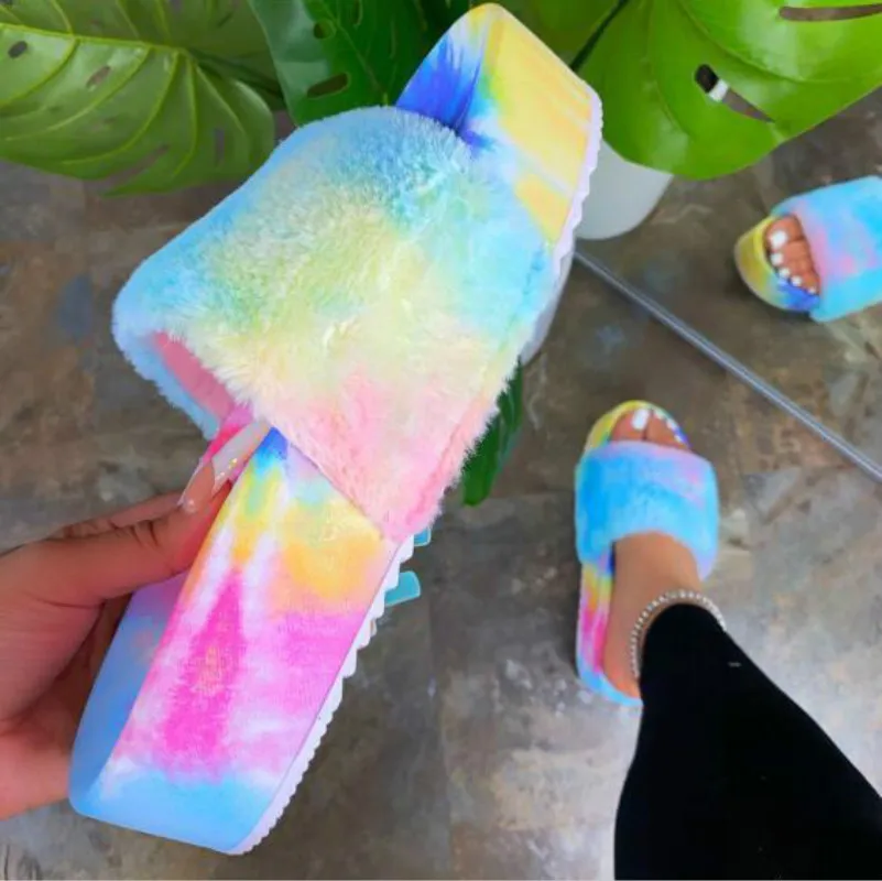 

2020 Women Fashion Colorful Thick-soled High-heel Waterproof Platform Color Printing Sandals Outdoor Casual Fox Fur Slippers
