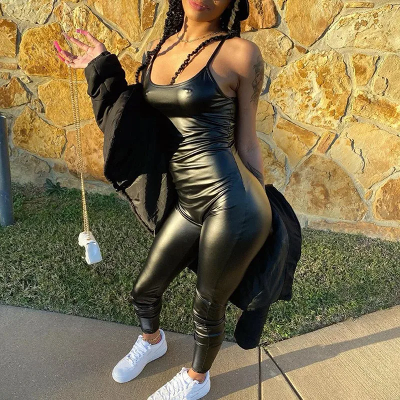 

Thorn Tree 2021 Sexy Jumpsuits Long Pants Black Overalls Women Women PU Leather Skinny Romper Sleeveless Strap Bodycon Jumpsuits