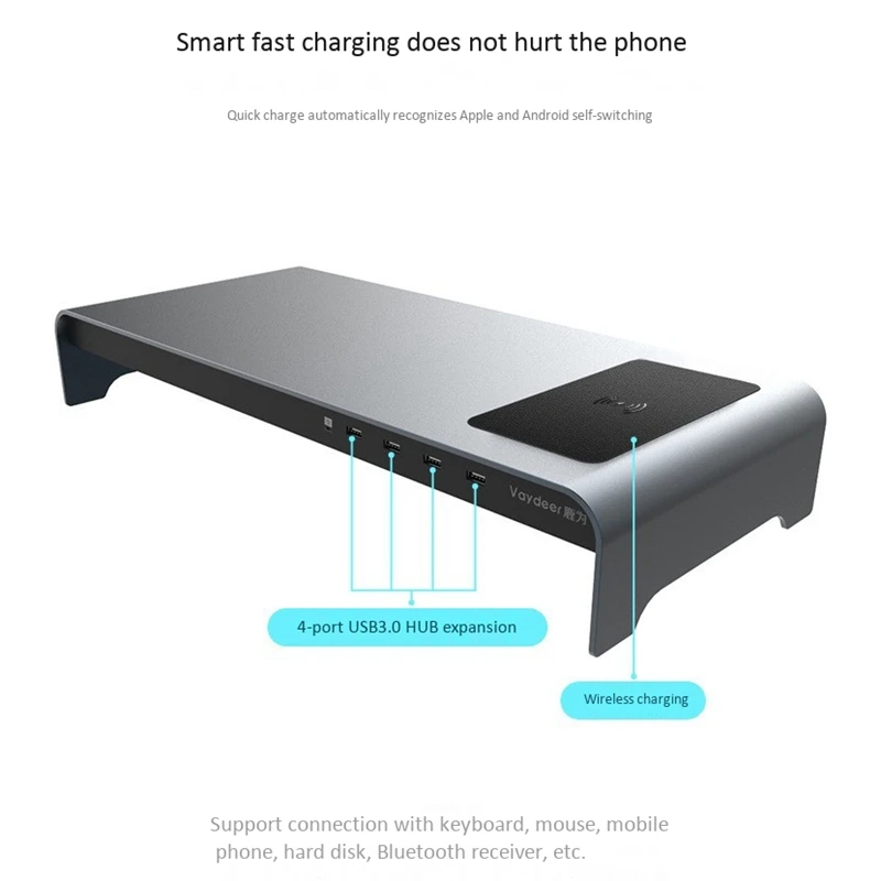 Vaydeer Aluminum Monitor Stand Desktop Display Riser Bracket Organizer with 4 USB Ports for Computer/Laptop