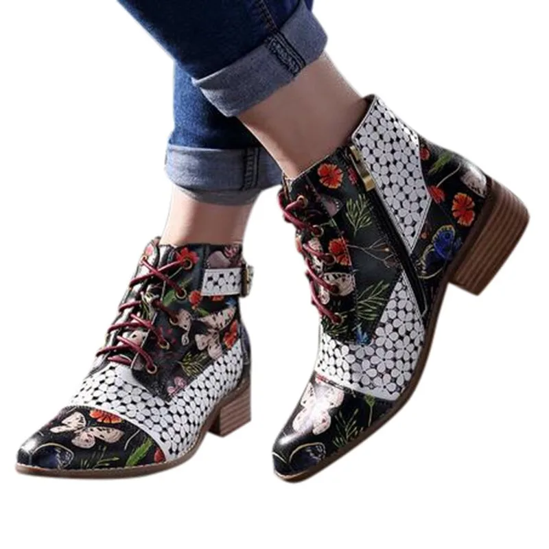 

Spring Autumn 2020 Women Boots Ankle Fashion Pointed Toe Chelsea Boots Mixed Color Flower Plus Size 35-43 Platform Boots Women
