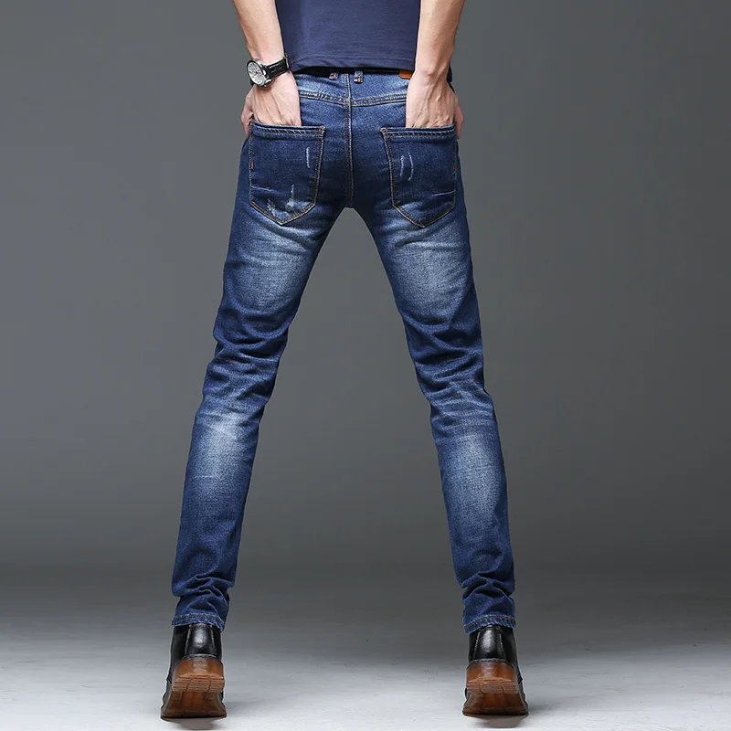 

Men's Jeans Spring Winter 2020 New Warm Slim Fit Business Fashion Thicken Denim Trousers Black Blue Jeans Men