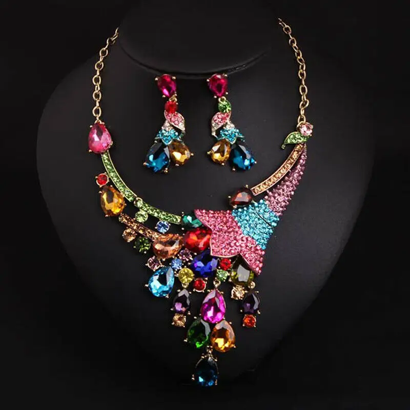 Fashion Crystal Necklace Earring Bridal Women Party Rhinestone Jewelry Set Multicolor Gem Statement Choker Indian Luxury Collars | Украшения