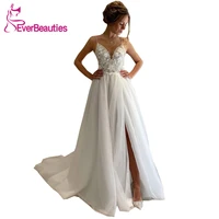 robe de mariee boho wedding dresses 2020 simple tulle lace appliques slit bridal dress spaghetti straps v neck vestido de noiva
