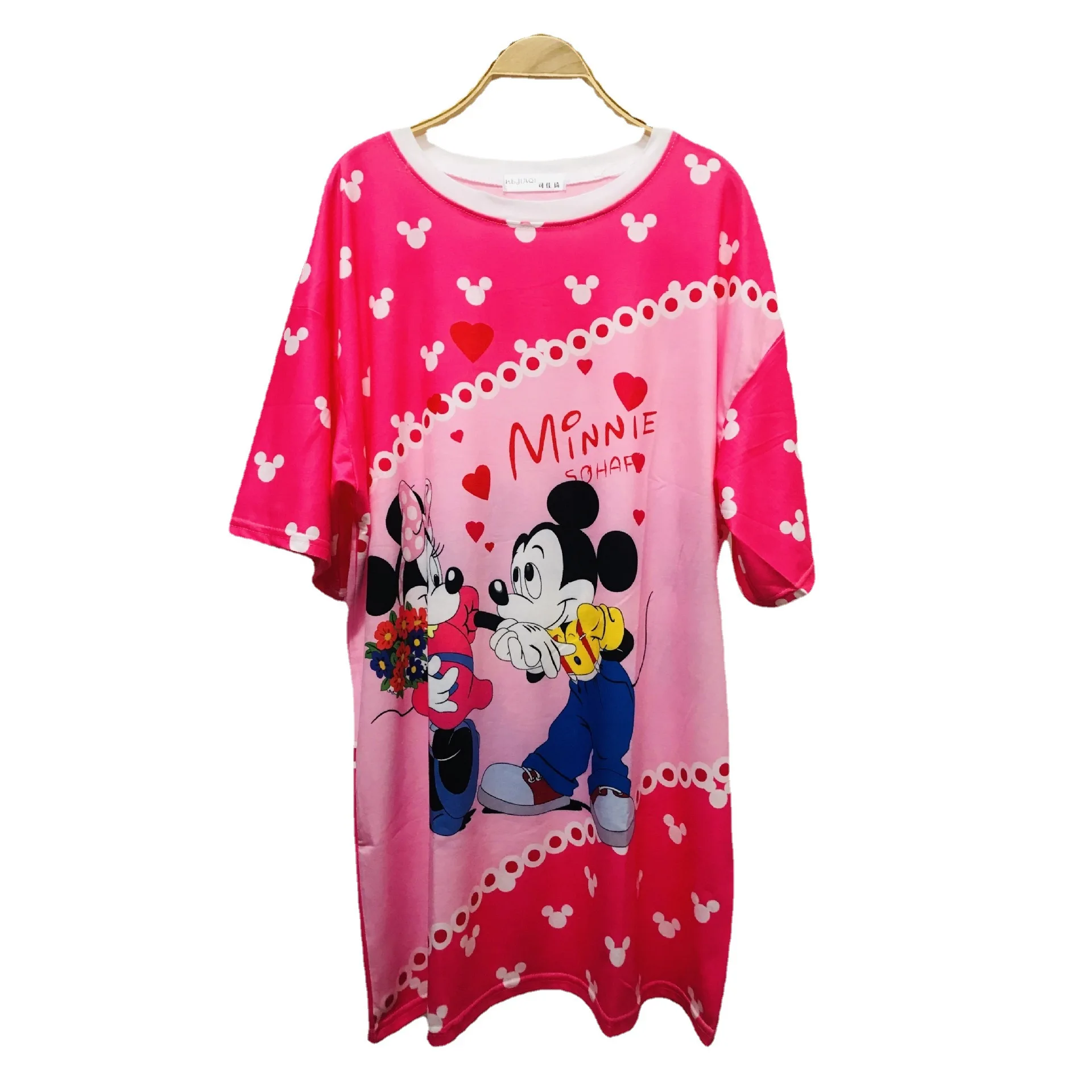

Disney Mickey loose plus size female short-sleeved pink courtship Mickey cartoon love short-sleeved t-shirt mid-length dress
