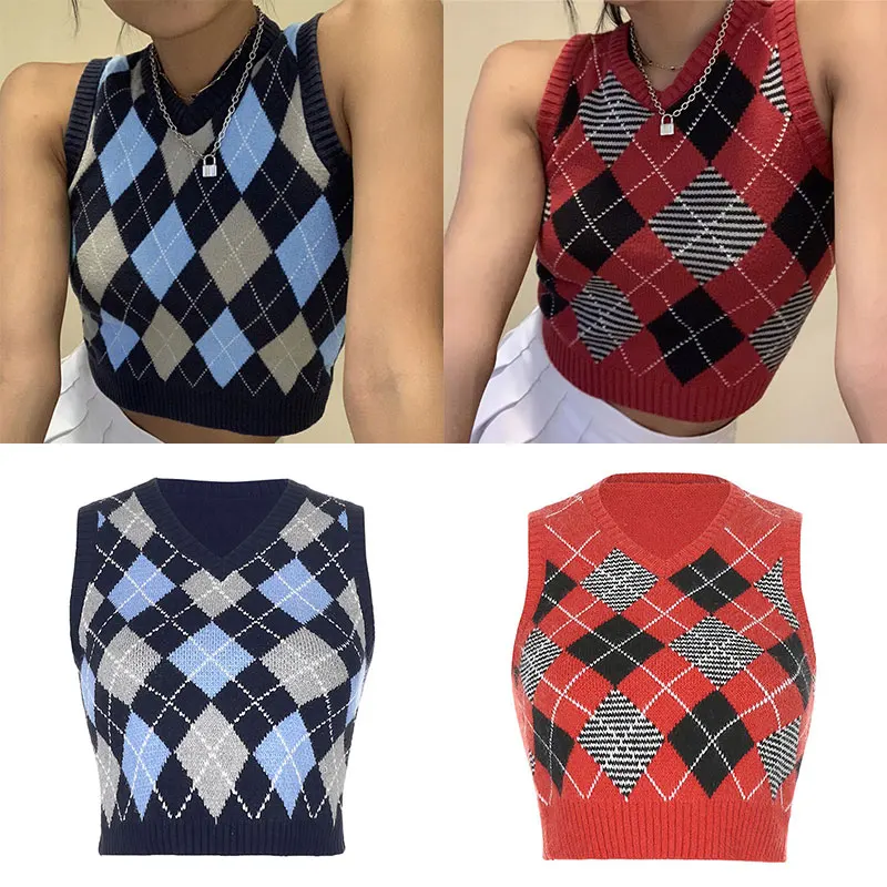

Plaid Knitwear Women Tank Tops Knitting Vest Streetwear Cropped Tops Loose Trendy Korean Short Knitted Sleeveless Knitwear