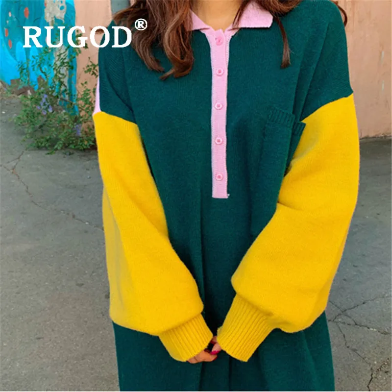 Женское трикотажное платье поло контрастных цветов RUGOD длинное свитер с