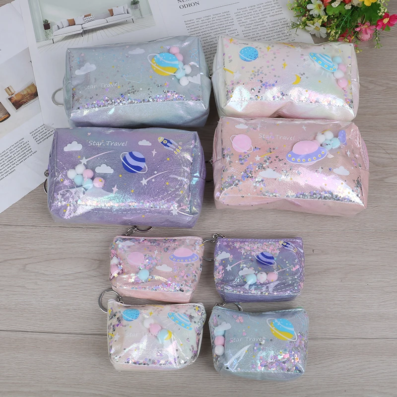 

Cute Candy Planet Laser Quicksand Makeup Bag Women Travel Portable Durable Zipper Cosmetic Organizer Wash Makeup Pouch Coin Bag