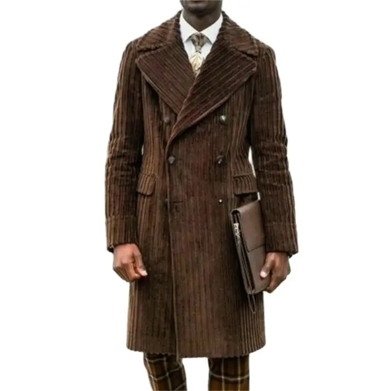 

Latest Tailored Brown Corduroy Peaked Lapel Double Breasted Men Overcoat Custom Made Tuxedos Business Office Long Coat 1 Piece