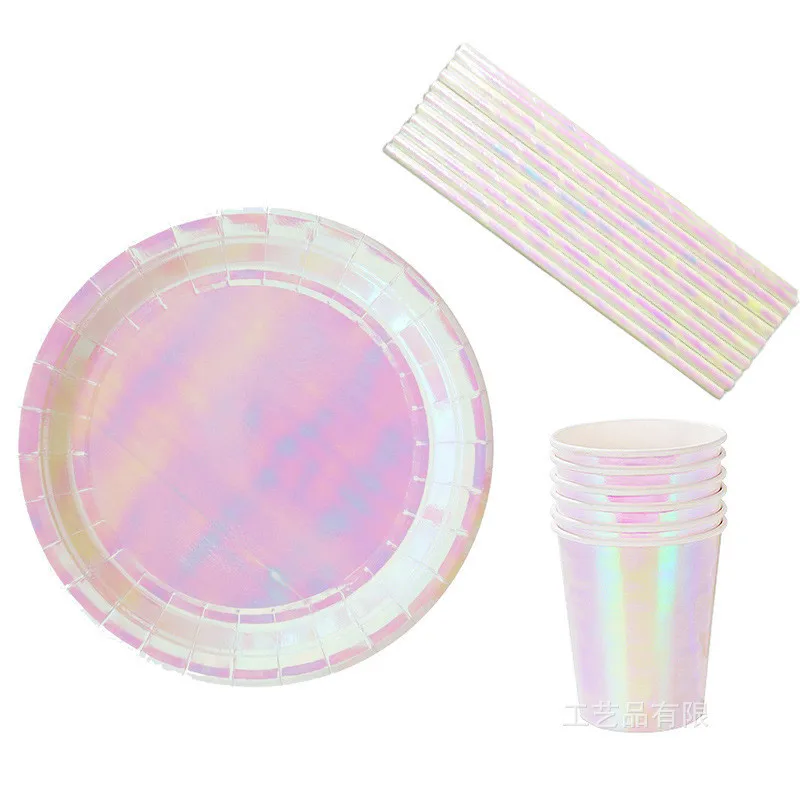 

Набор одноразовой посуды из радужной Пленки, тарелка, чашка, соломинка, украшение для свадьбы, дня рождения, детский праздник, товары для веч...