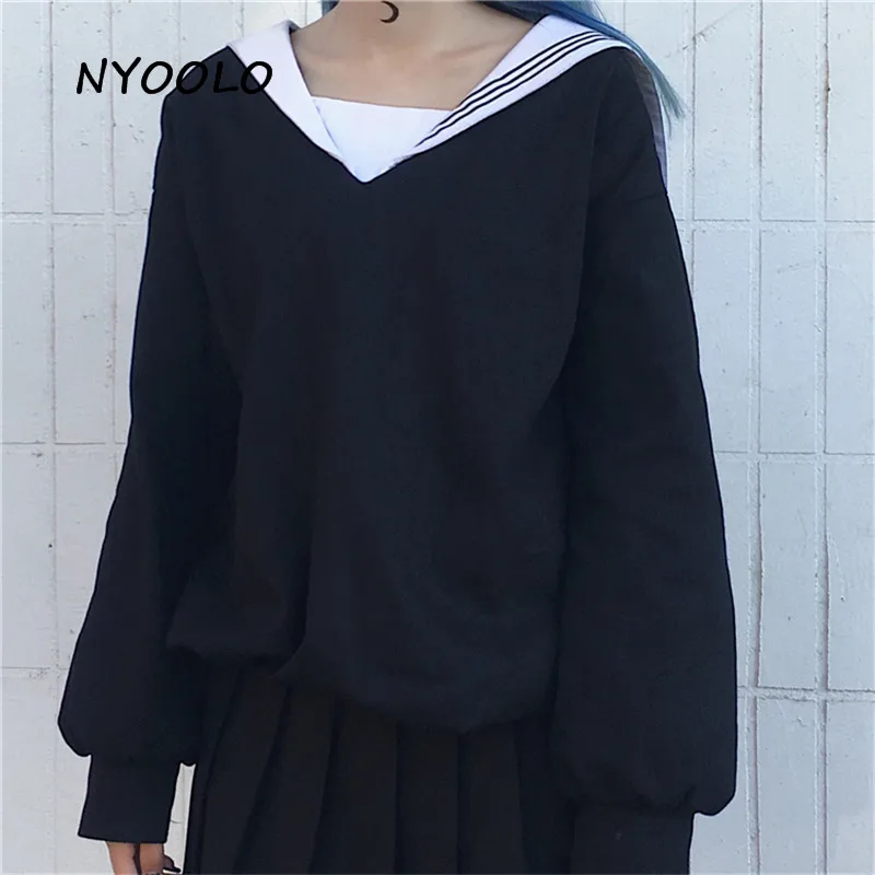 

NYOOLO Preppy Style Harajuku Japanese Girls Sailor Collar black hoody Autumn cotton long sleeve pullovers Sweatshirt women cloth