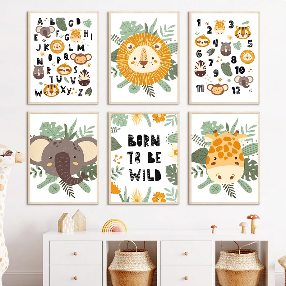 

Lion Giraffe Elephant Number Alphabet Nordic Posters And Prints Nursery Wall Art Canvas Painting Wall Pictures Kids Room Decor