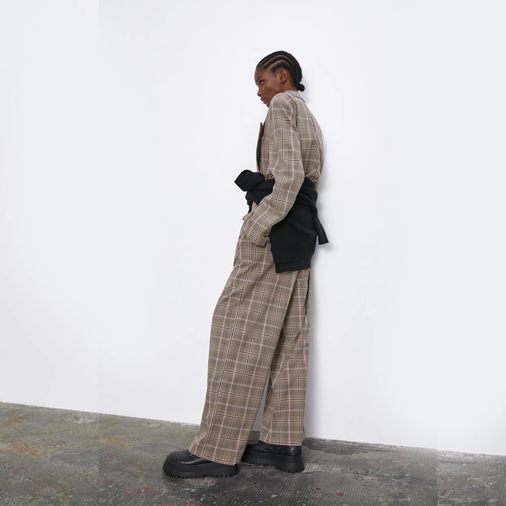 Женский двубортный костюм ZA свободная куртка с отворотами и широкими брюками в