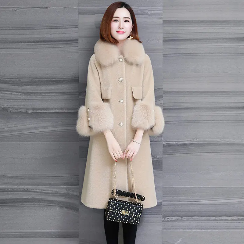 

Women 2020 Autumn Winter New Fashion Warm Thick Wool Hooded Coat Natural Fox Hair Collar Casual Long Genuine Lambswool Coat L654