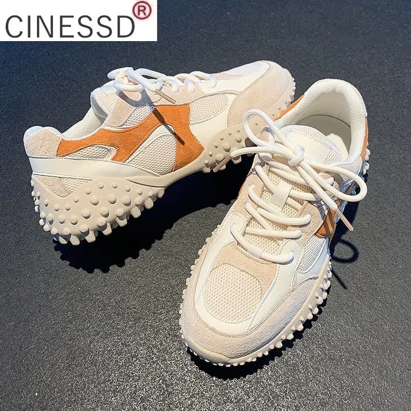 

2021 Spring Women Casual Sport Shoes Flats Comfortable Mesh Lace Up Woman Vulcanized Shoes Outside Platform Sneakers Green Beige