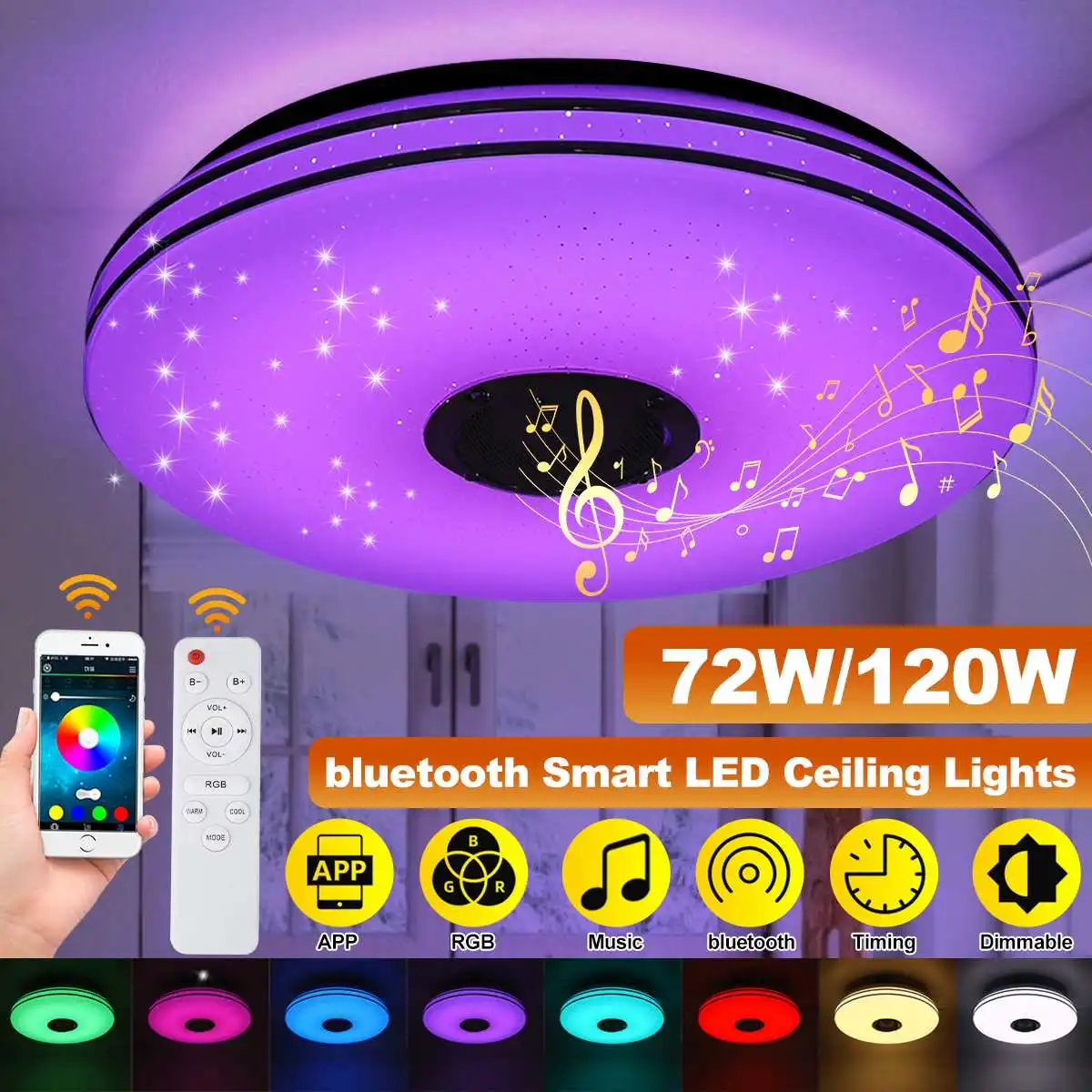 

72 Вт/120 Вт для слушания музыки, светодиодный потолочный светильник RGB заподлицо круглый музыкальный плеер с приложением и динамиком bluetooth Smart...