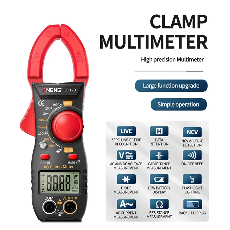 

Digital Clamp Meter Multimeter AC Current & AC/DC Voltage Tester with Amp Volt Ohm Diode & Resistance Auto-ranging