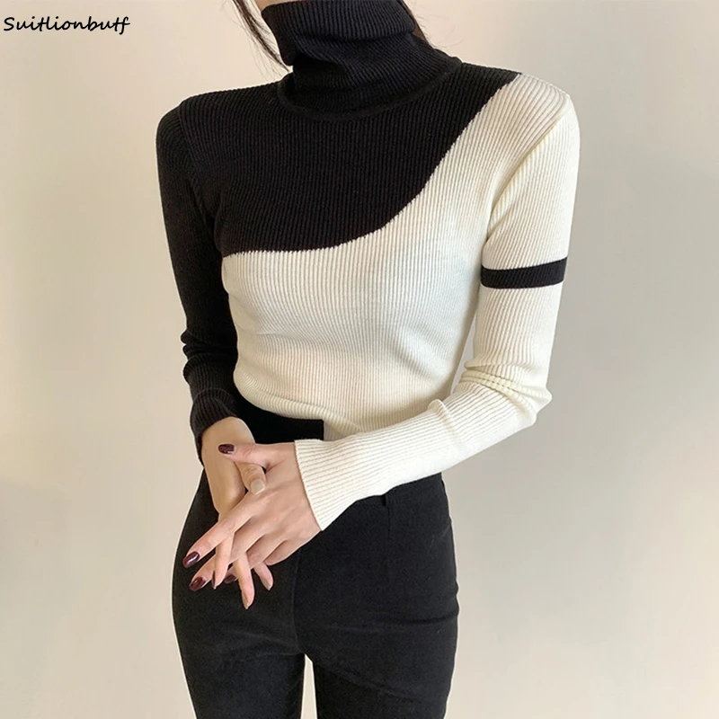 

Korean INS Knitted Patchwork Women Sweater Pullover Slim Turtleneck Full Sleeve Female Jumpers 2021 Fashion Femme Tops Traf
