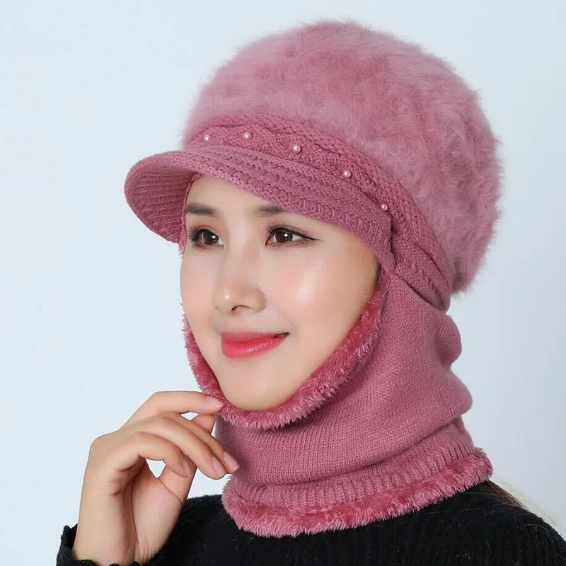 Высококачественные зимние шапки для женщин Skullies Beanie cap шляпки из шерсти набор теплая маска Gorras шапка из кроличьего меха Вязаная Шапка