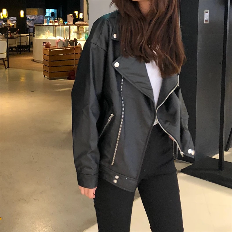 Korean Women PU Leather Jacket Oversized Chic Leather Biker Jacket Women Chaqueta Cuero Mujer Veste Cuir Femme