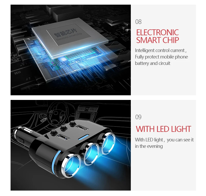 12 V-24 V розетка для автомобильного прикуривателя сплиттер светодиодный USB Зарядное устройство адаптер 3.1A 100W обнаружения для телефона MP3 DVR аксессуары